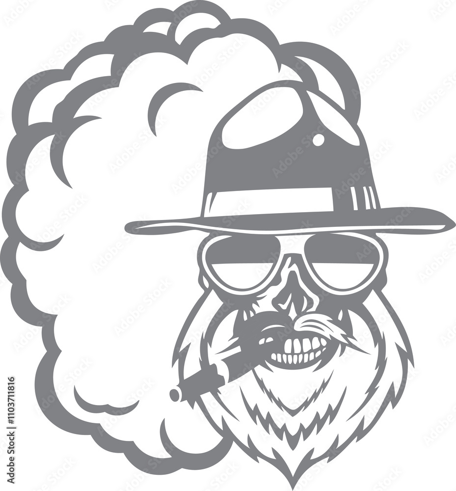 Fototapeta premium Tête de mort moustache hipster skull moustachu crane barbu barbe chapeau fume le cigare et lunette