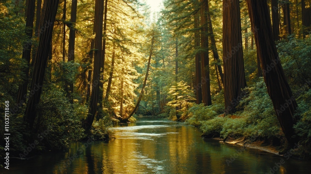 Naklejka premium Sunlight Filtering Through Redwood Forest