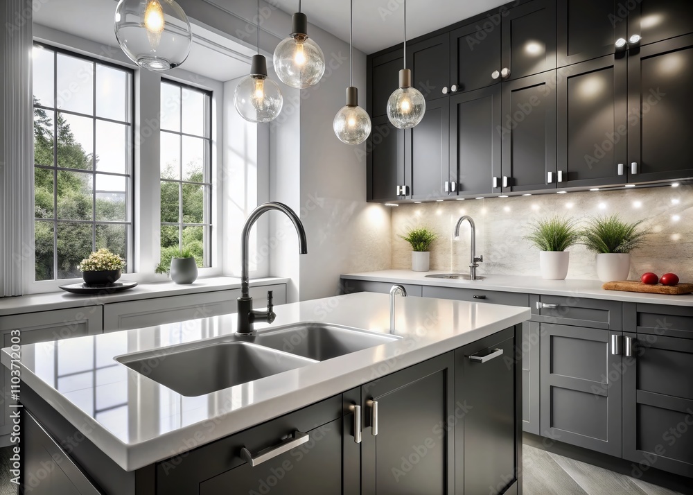 Modern Black and White Kitchen Interior Featuring Shaker Cabinets and a Luxurious Minimalist Design with a Zen Atmosphere and Elegant Kitchen Sink Tap Modern Black and White Kitchen Interior Featuring Shaker Cabinets and a Luxurious Minimalist Design with a Zen Atmosphere and Elegant Kitchen Sink Tap