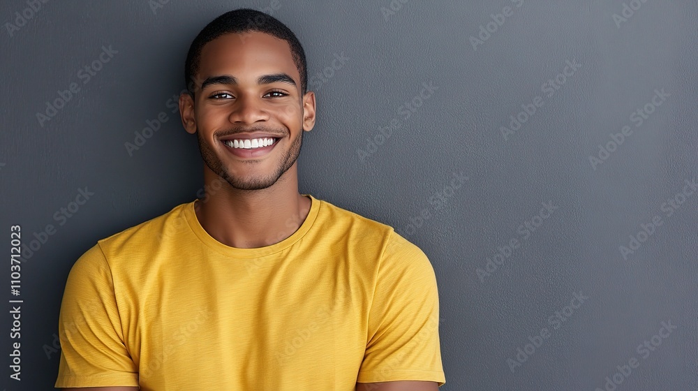 Smiling Young Man in Yellow T-Shirt Against Gray Background Smiling Young Man in Yellow T-Shirt Against Gray Background