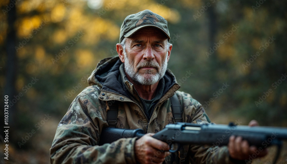 A hunter in camouflage gear poses with a rifle against a serene forest backdrop. A hunter in camouflage gear poses with a rifle against a serene forest backdrop.