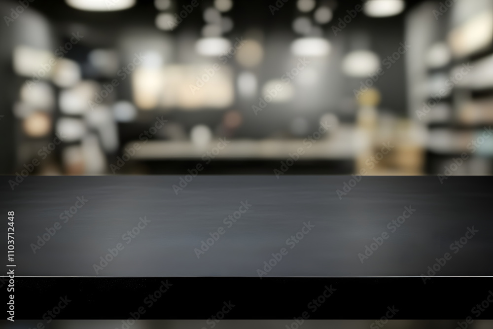 A blurred interior of a modern space with a dark tabletop in the foreground. A blurred interior of a modern space with a dark tabletop in the foreground.