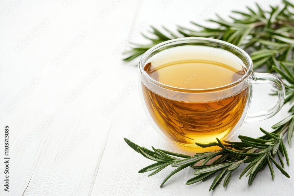 Rosemary herbal tea in a glass on a white wooden backdrop with space for text Article or poster Rosemary herbal tea in a glass on a white wooden backdrop with space for text Article or poster