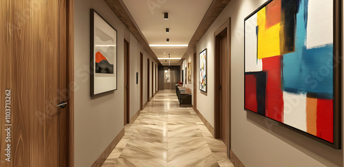 Spacious corridor in boutique hotel, highlighting elegant minimalist art.