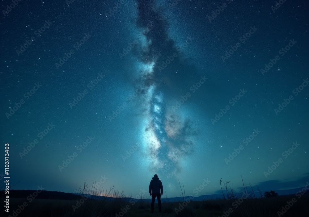 Night sky reveals stunning Milky Way view over silhouetted figure in nature Night sky reveals stunning Milky Way view over silhouetted figure in nature