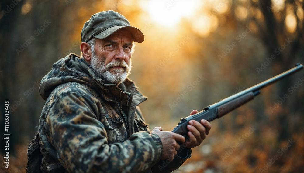 Fototapeta premium A hunter in camouflage gear poses with a rifle against a serene forest backdrop.