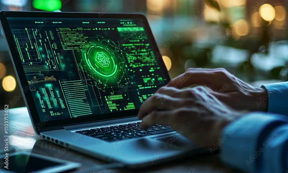 A Person's Hands Typing on a Laptop Displaying Green Cybersecurity Data A Person's Hands Typing on a Laptop Displaying Green Cybersecurity Data