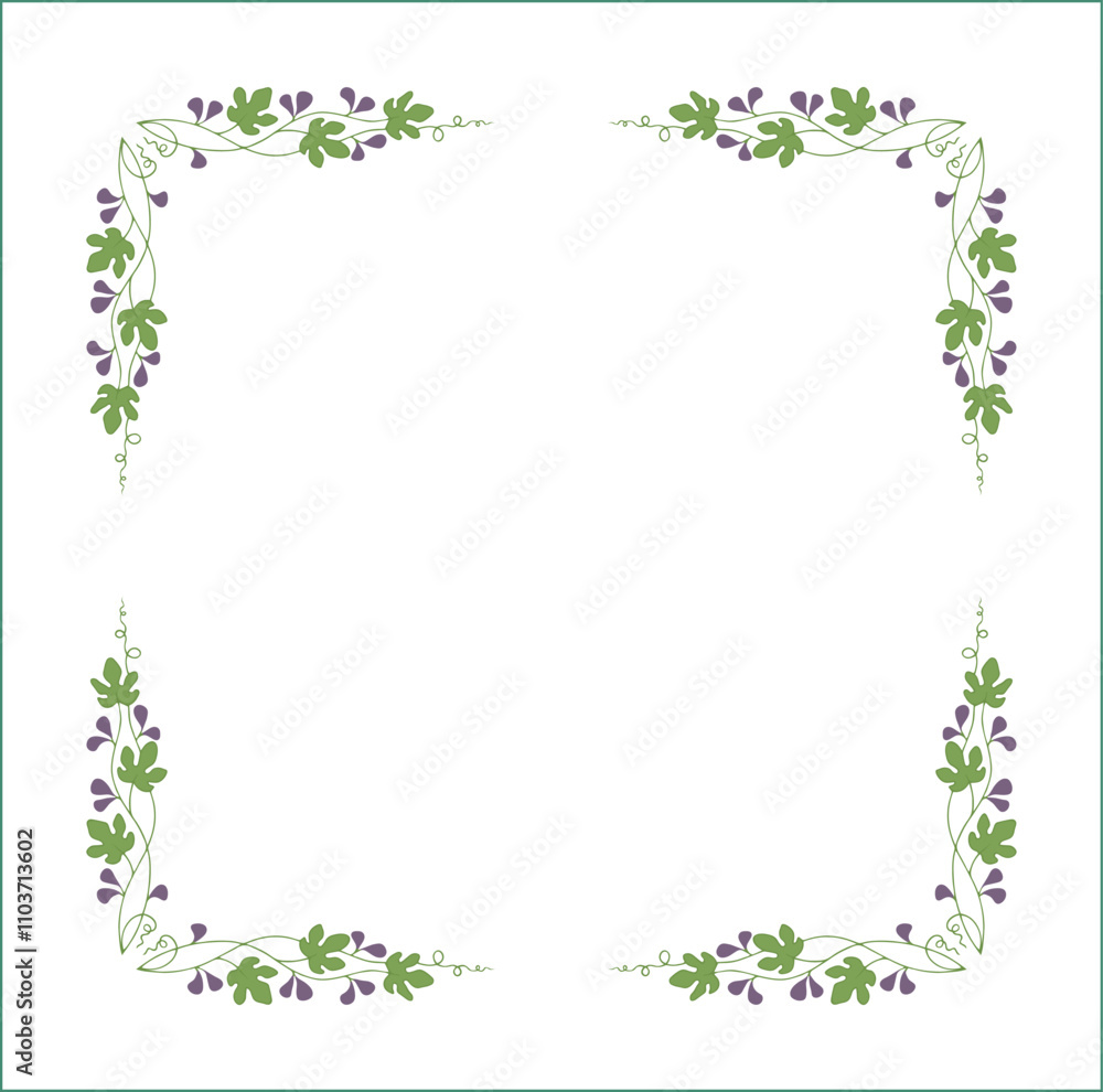 Green elegant vector decorative frame with purple figs, vegetal ornamental frame with figs leaves and fruits, decorative border, corners. Isolated vector illustration.
Green elegant vector decorative frame with purple figs, vegetal ornamental frame with figs leaves and fruits, decorative border, corners. Isolated vector illustration.