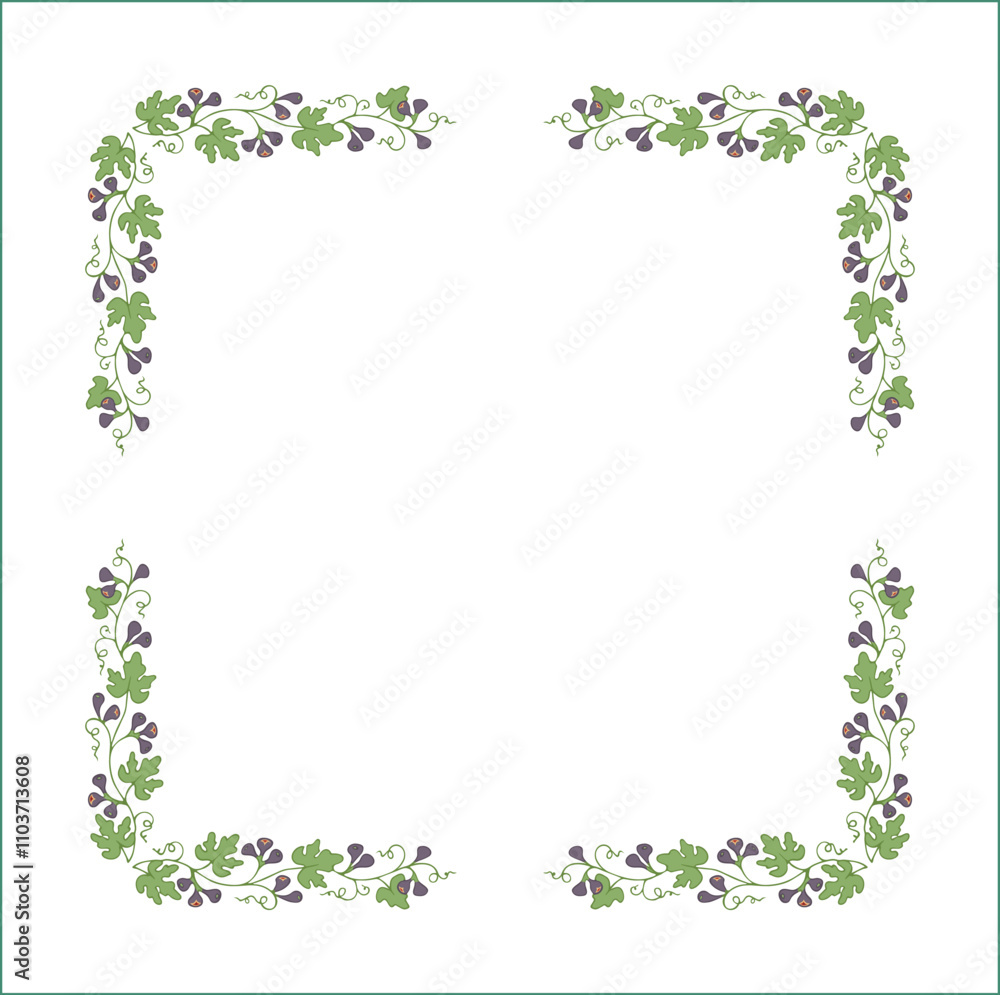 Green elegant vector decorative frame with purple figs, vegetal ornamental frame with figs leaves and fruits, decorative border, corners. Isolated vector illustration.
Green elegant vector decorative frame with purple figs, vegetal ornamental frame with figs leaves and fruits, decorative border, corners. Isolated vector illustration.
