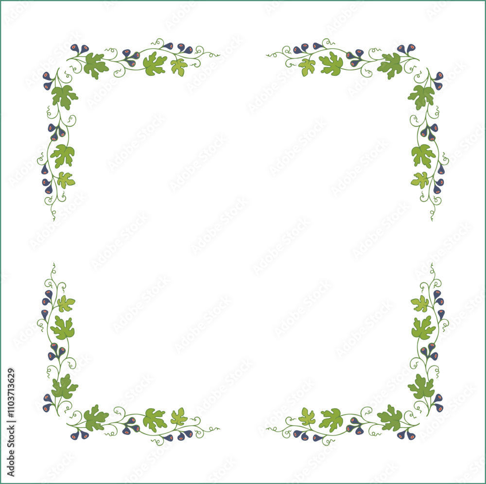 Green elegant vector decorative frame with purple figs, vegetal ornamental frame with figs leaves and fruits, decorative border, corners. Isolated vector illustration.
Green elegant vector decorative frame with purple figs, vegetal ornamental frame with figs leaves and fruits, decorative border, corners. Isolated vector illustration.