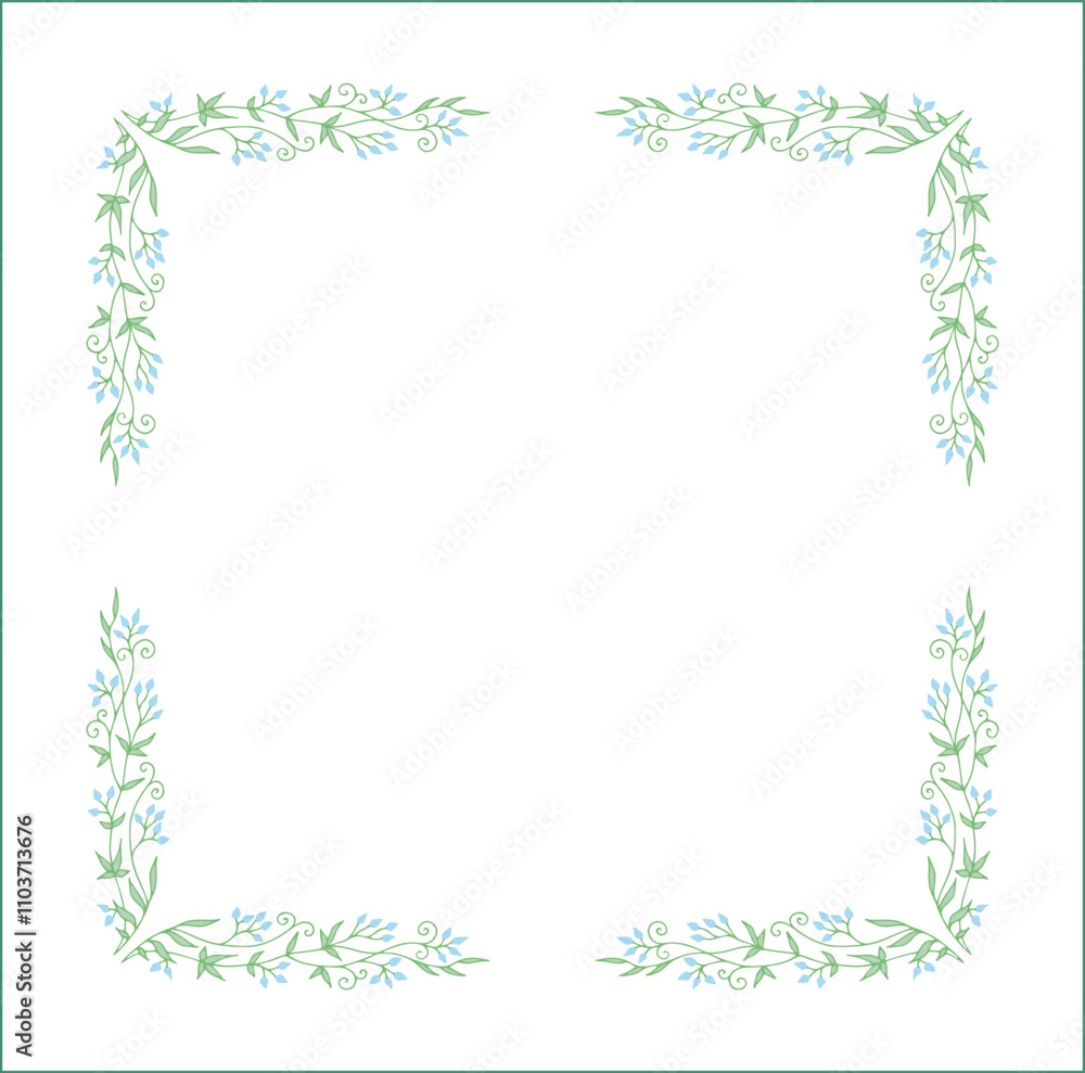 Elegant green vegetal ornamental frame with leaves and blue flowers, decorative border, corners for greeting cards. Isolated vector illustration
Elegant green vegetal ornamental frame with leaves and blue flowers, decorative border, corners for greeting cards. Isolated vector illustration