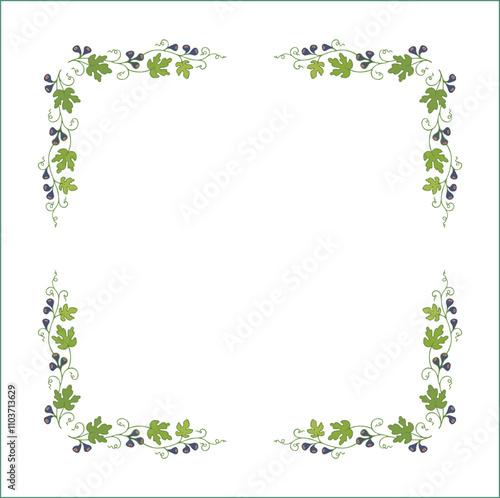 Green elegant vector decorative frame with purple figs, vegetal ornamental frame with figs leaves and fruits, decorative border, corners. Isolated vector illustration. 