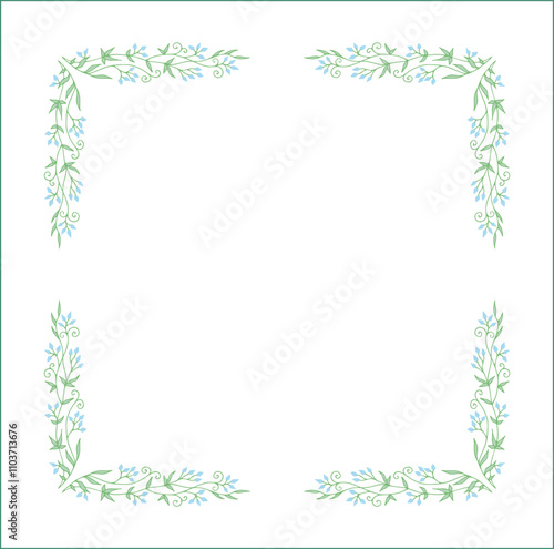 Elegant green vegetal ornamental frame with leaves and blue flowers, decorative border, corners for greeting cards. Isolated vector illustration 