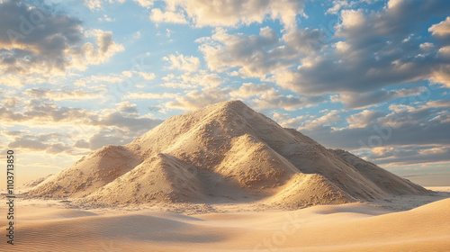 A realistic image of a desert sand pile, showcasing fine, golden grains in a natural heap, perfect for depicting arid landscapes, construction materials, or environmental themes.