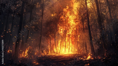 Intense forest fire with towering flames engulfing trees, surrounded by smoke and glowing embers in a dramatic environmental scene.