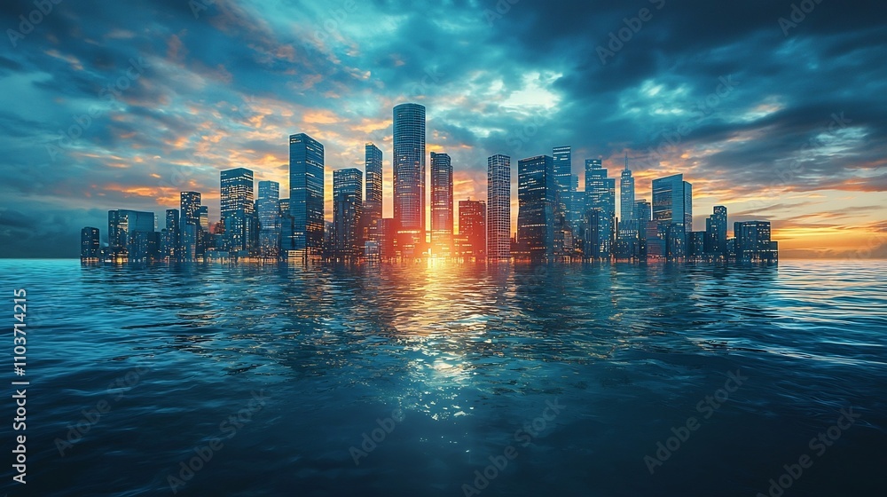 Fototapeta premium Futuristic Cityscape Floating Above Glowing Ocean at Sunset