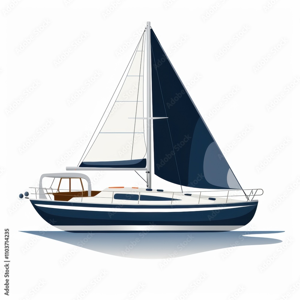 Elegant Sailboat Design with Dark Blue Sail and White Hull, Perfect for Illustrating Nautical Themes, Summer Adventures, and Marine Exploration Concepts Elegant Sailboat Design with Dark Blue Sail and White Hull, Perfect for Illustrating Nautical Themes, Summer Adventures, and Marine Exploration Concepts