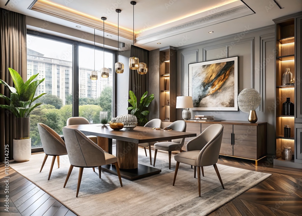 Modern Dining Room with Elegant Decor and Artwork Featuring a Stylish Table and Chairs in a Bright Space with Large Windows and Tasteful Accessories for a Sophisticated Ambiance Modern Dining Room with Elegant Decor and Artwork Featuring a Stylish Table and Chairs in a Bright Space with Large Windows and Tasteful Accessories for a Sophisticated Ambiance