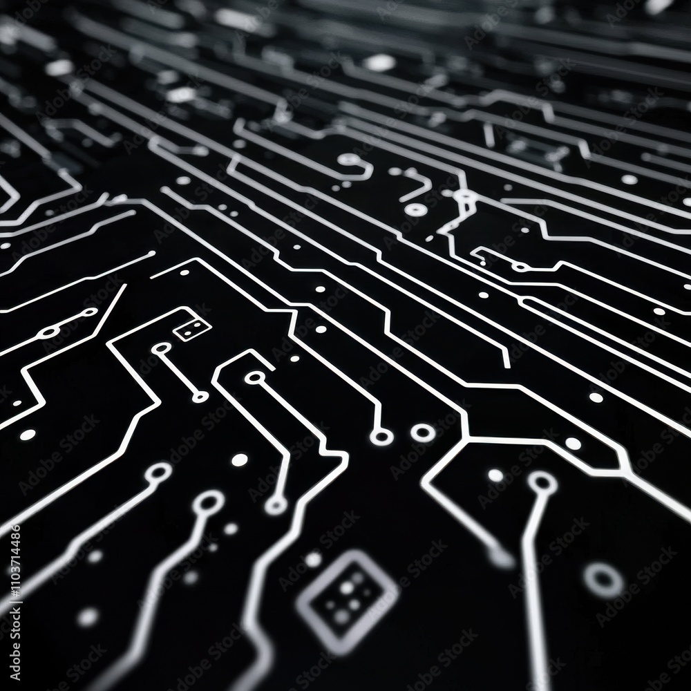Abstract close-up of a circuit board design with intricate white lines on a black background, creating a modern tech feel. Abstract close-up of a circuit board design with intricate white lines on a black background, creating a modern tech feel.