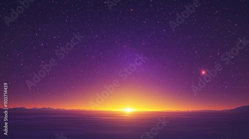 Vast night sky filled with stars illuminated by a captivating yellow and purple glow at the horizon, creating a serene and mystical atmosphere.