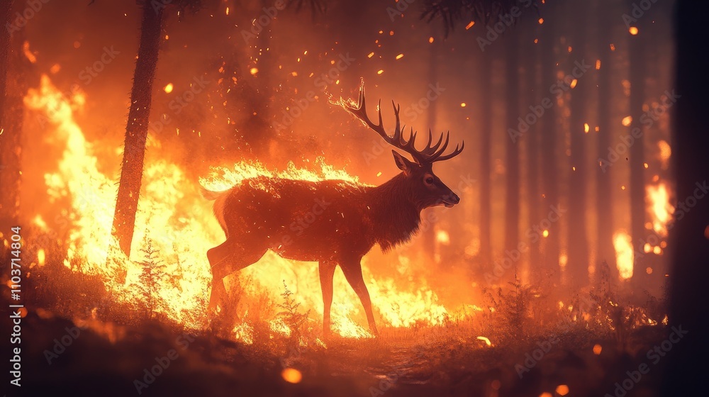 Deer escaping a forest fire with blazing flames illuminating the dark woods, showcasing the intense struggle for survival in a fiery environment.