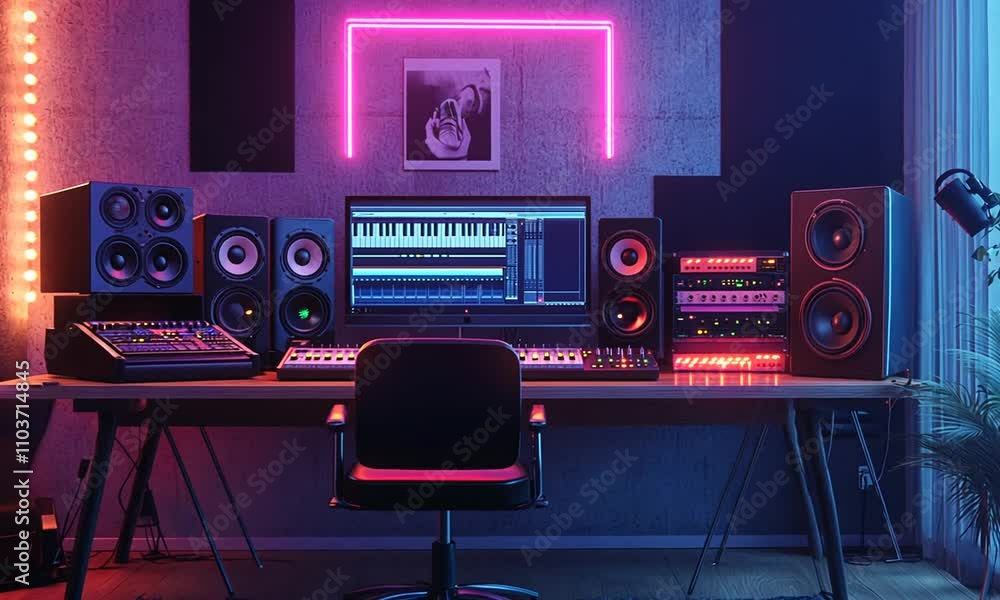 Neon-lit Home Music Studio with Professional Audio Equipment Neon-lit Home Music Studio with Professional Audio Equipment