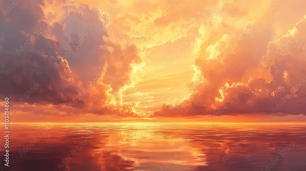 Tranquil sunset over calm waters featuring vibrant clouds illuminated in warm golden hues, creating a serene coastal atmosphere. Tranquil sunset over calm waters featuring vibrant clouds illuminated in warm golden hues, creating a serene coastal atmosphere.