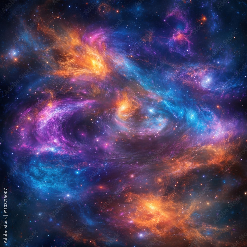 Naklejka premium A stunning cosmic swirl of vibrant colors showcasing a galaxy with hues of blue, orange, and pink.