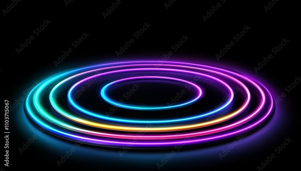 Illuminated concentric discs, vibrant light streaks, abstract geometry, 3D illustration