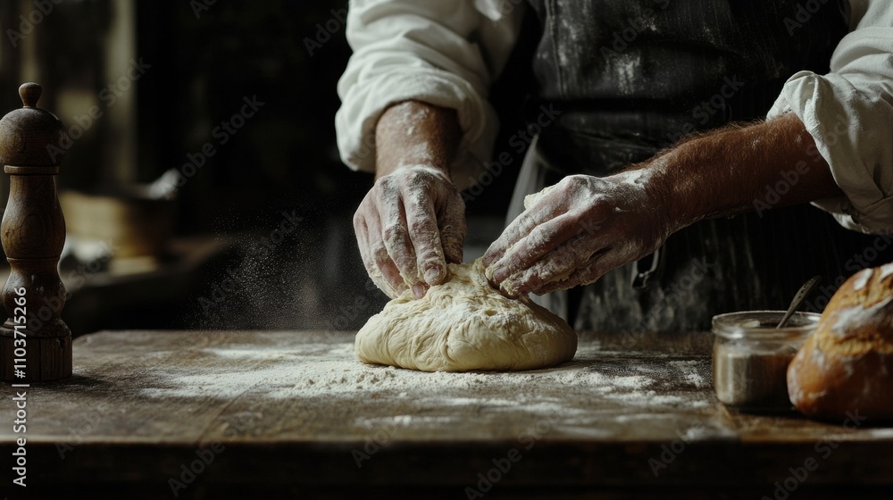 A chef kneading bread dough, flour dusting the wooden counter A chef kneading bread dough, flour dusting the wooden counter