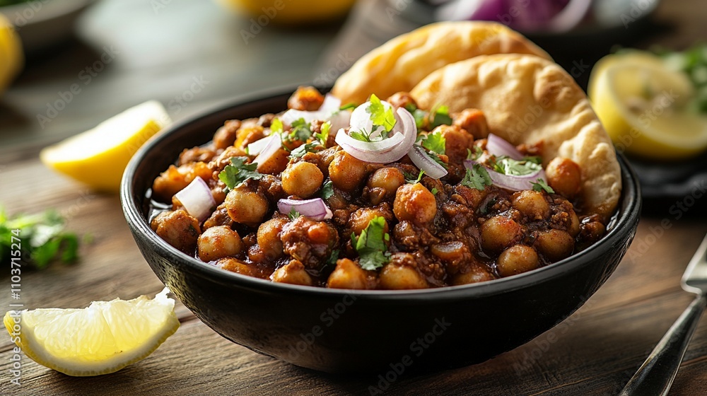 A bowl of spicy chole bhature, with fluffy bhature on the side, and garnished with sliced onions and lemon wedges. A bowl of spicy chole bhature, with fluffy bhature on the side, and garnished with sliced onions and lemon wedges.