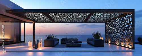 Outdoor pergola with elegant decor, creating a relaxing and inviting ambiance.