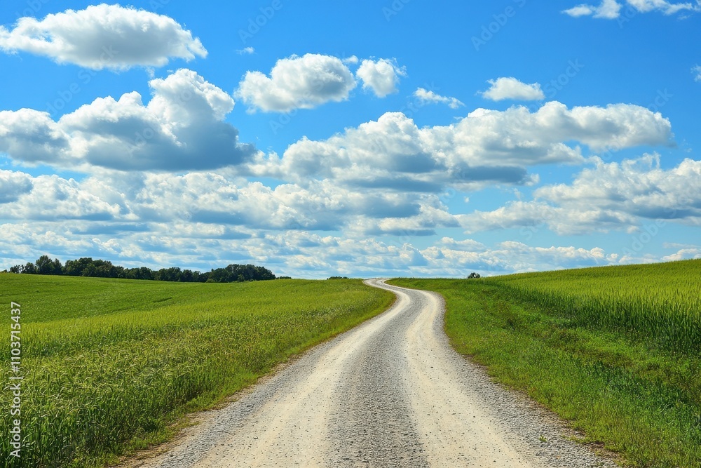 Rural gravel path and verdant wheat fields beneath a cloudy blue sky Rural gravel path and verdant wheat fields beneath a cloudy blue sky