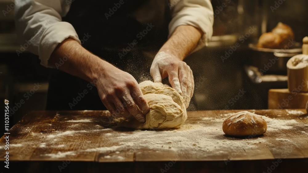 A chef kneading bread dough, flour dusting the wooden counter A chef kneading bread dough, flour dusting the wooden counter
