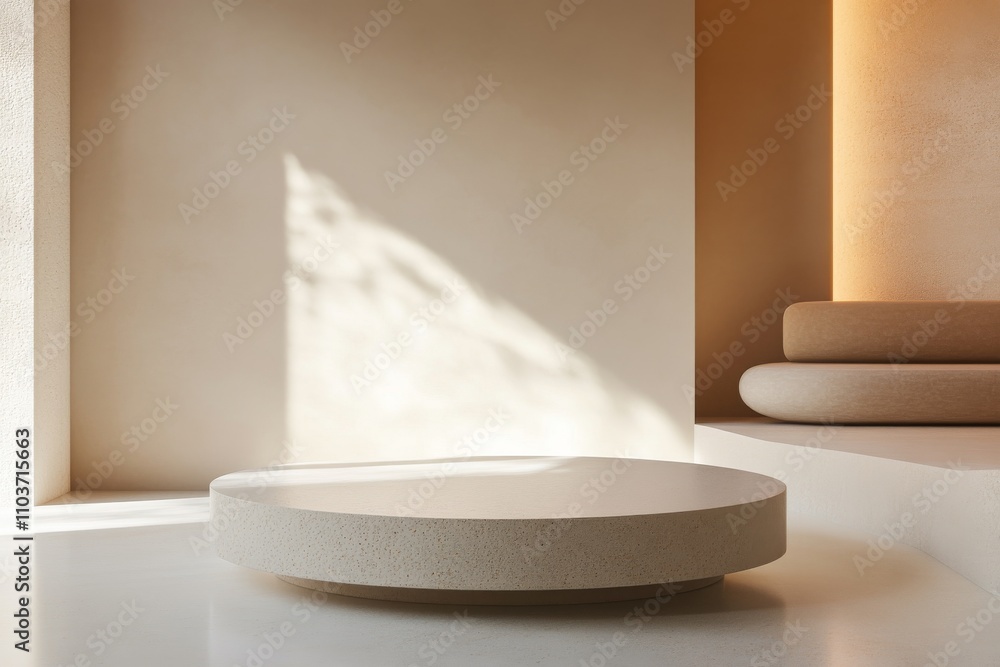 Minimalist Beige Interior Design with Circular Platform and Modern Seating, perfect for product display or presentation Minimalist Beige Interior Design with Circular Platform and Modern Seating, perfect for product display or presentation
