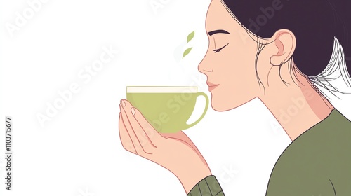 a 2D cartoon illustration of a person drinking a green smoothie, healthy and refreshing, white background--ar 16:9