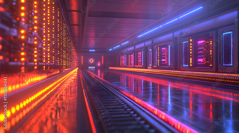 Futuristic Server Room, Neon Lights Illuminate a Sleek Data Center Corridor with Reflective Floors and Vibrant Hues Futuristic Server Room, Neon Lights Illuminate a Sleek Data Center Corridor with Reflective Floors and Vibrant Hues