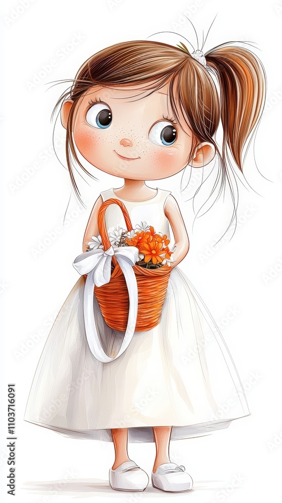 A cheerful girl in a white dress holds a basket of flowers, embodying innocence and joy, perfect for seasonal themes and celebrations. A cheerful girl in a white dress holds a basket of flowers, embodying innocence and joy, perfect for seasonal themes and celebrations.