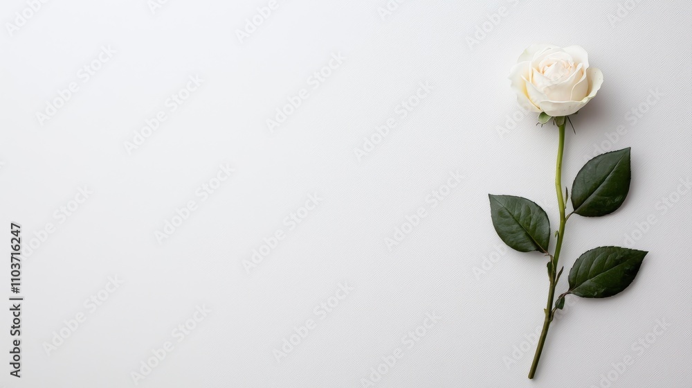 Fototapeta premium A delicate white rose with green leaves, beautifully arranged on a soft, light background for an elegant and serene presentation.