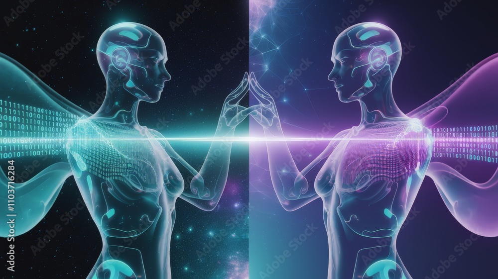 Futuristic glowing humanoids with binary code elements Futuristic glowing humanoids with binary code elements