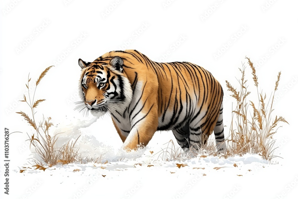 Obraz premium A majestic tiger prowls through snowy terrain, showcasing its striking orange and black stripes amidst winter grasses.