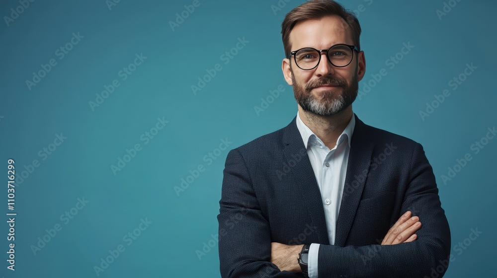 Confident Businessman in Suit Posing Against Blue Background Confident Businessman in Suit Posing Against Blue Background