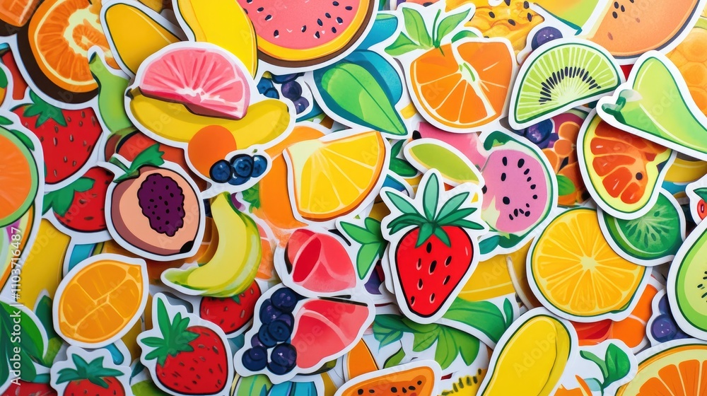 A cheerful collection of colorful fruit stickers featuring various designs like watermelon, strawberries, and oranges against a bright, playful backdrop. A cheerful collection of colorful fruit stickers featuring various designs like watermelon, strawberries, and oranges against a bright, playful backdrop.