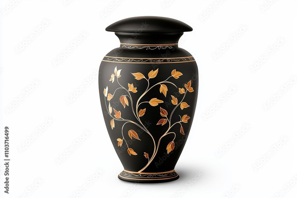 A stunning black vase with intricate floral designs in gold, perfect for decorative purposes or memorial settings. A stunning black vase with intricate floral designs in gold, perfect for decorative purposes or memorial settings.
