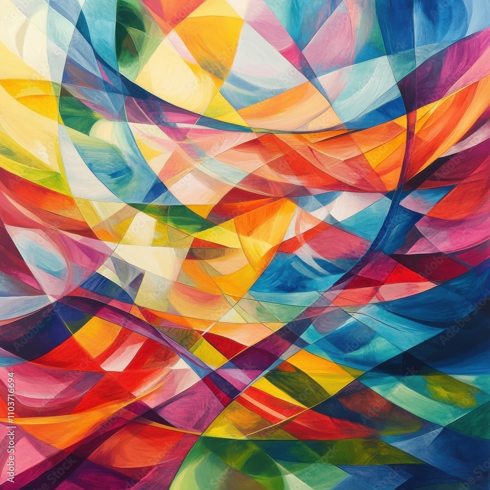 Colorful abstract art featuring vibrant geometric patterns in a dynamic swirl of hues.