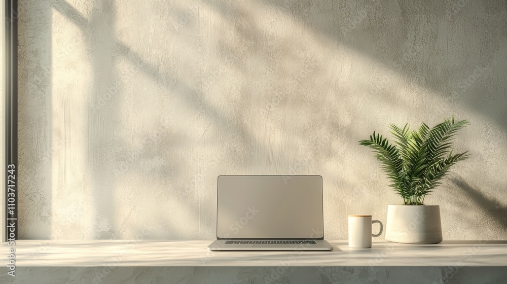 Fototapeta premium Serene Workspace with Laptop on Minimalist Desk, Natural Light Streaming Through Window, Potted Plant and Coffee Mug on White Marble Surface for Productivity and Inspiration