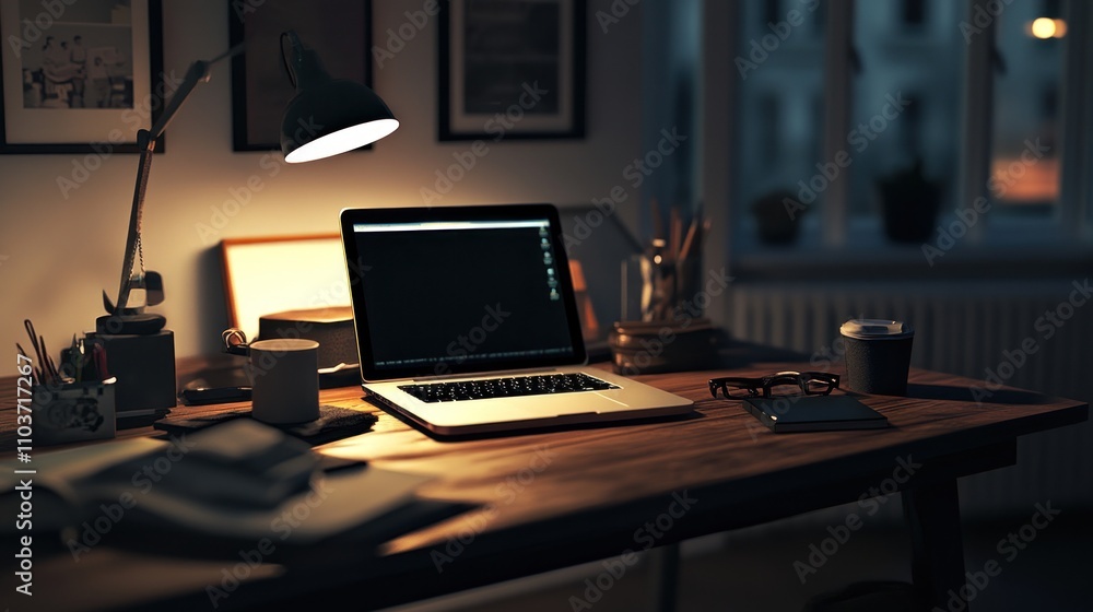 Nighttime Laptop Workspace Illustration: Desk, Lamp, and Cozy Atmosphere Nighttime Laptop Workspace Illustration: Desk, Lamp, and Cozy Atmosphere
