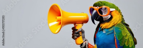 Parrot holding megaphone. Announcement Marketing, sale, discount concept. Website banner