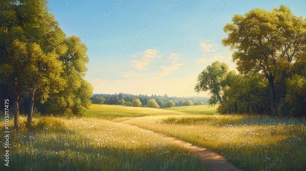 Obraz premium Tranquil meadow path winding through lush greenery and sunlit trees under a clear blue sky, capturing the essence of serene nature.