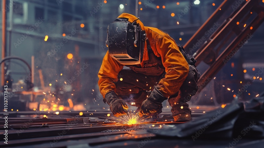 Precision Welding: Male Welder Crouching Beside a Metal Structure for Industrial Branding Precision Welding: Male Welder Crouching Beside a Metal Structure for Industrial Branding